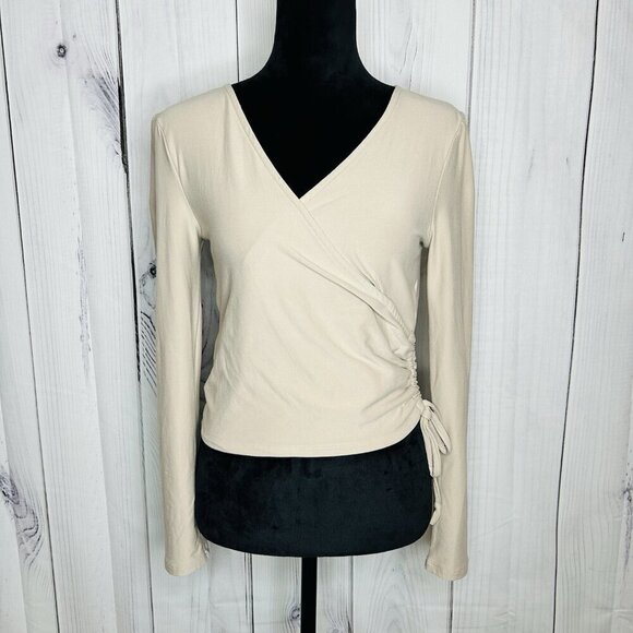 Planet Gold Wrap Front Top Shirt Light Brown Long Sleeve Sz M Scrunch Side - Picture 1 of 8
